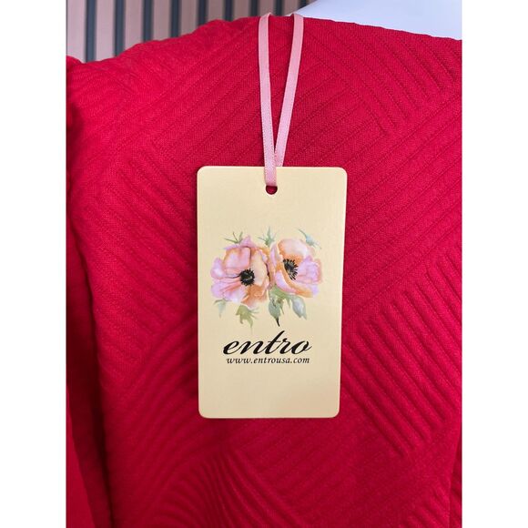 Entro Women's Dress Shift Square Neck Stretch Textured Short Puff Sleeve L Red - Picture 9 of 9